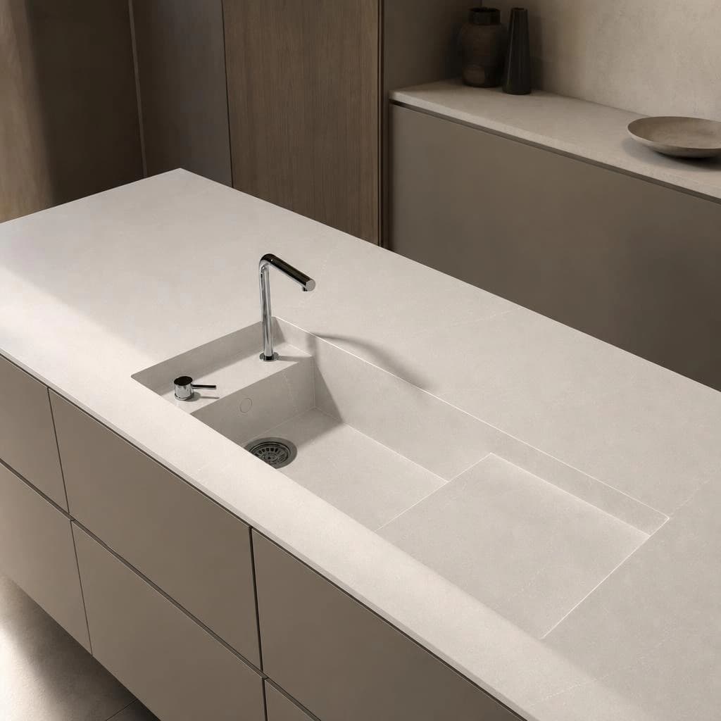 White Silestone Desert Silver countertop with integrated sink and chrome faucet on a kitchen island