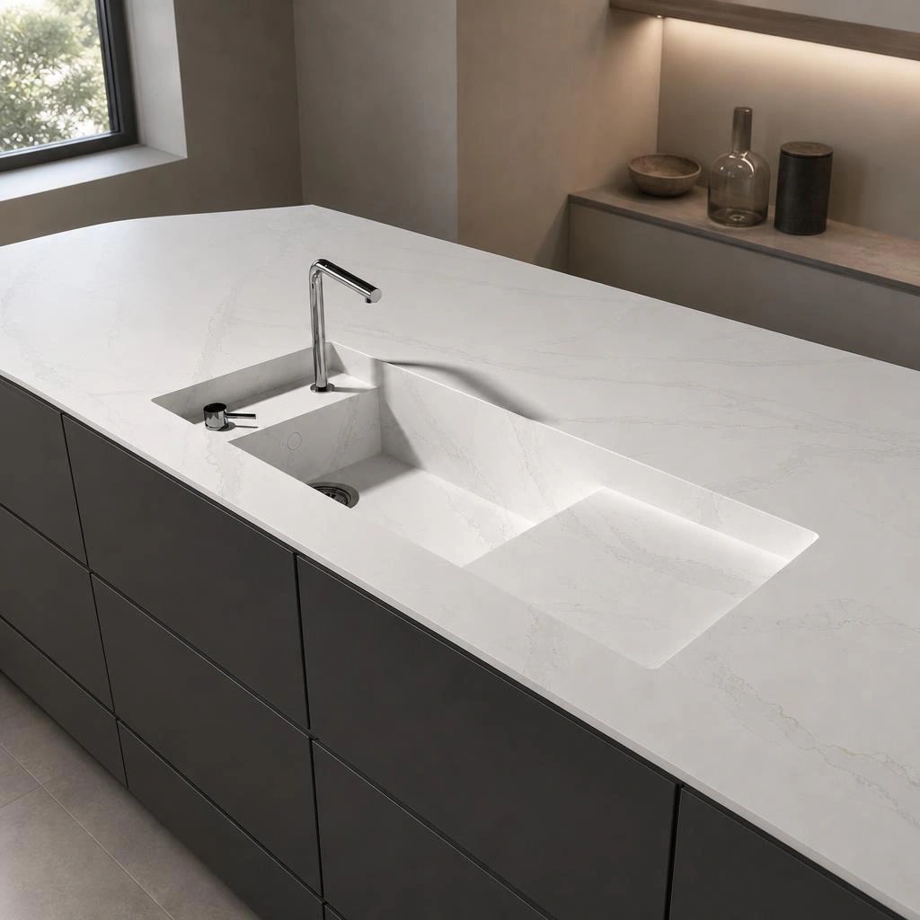 White Silestone Et Calacatta Gold countertop with integrated sink and faucet