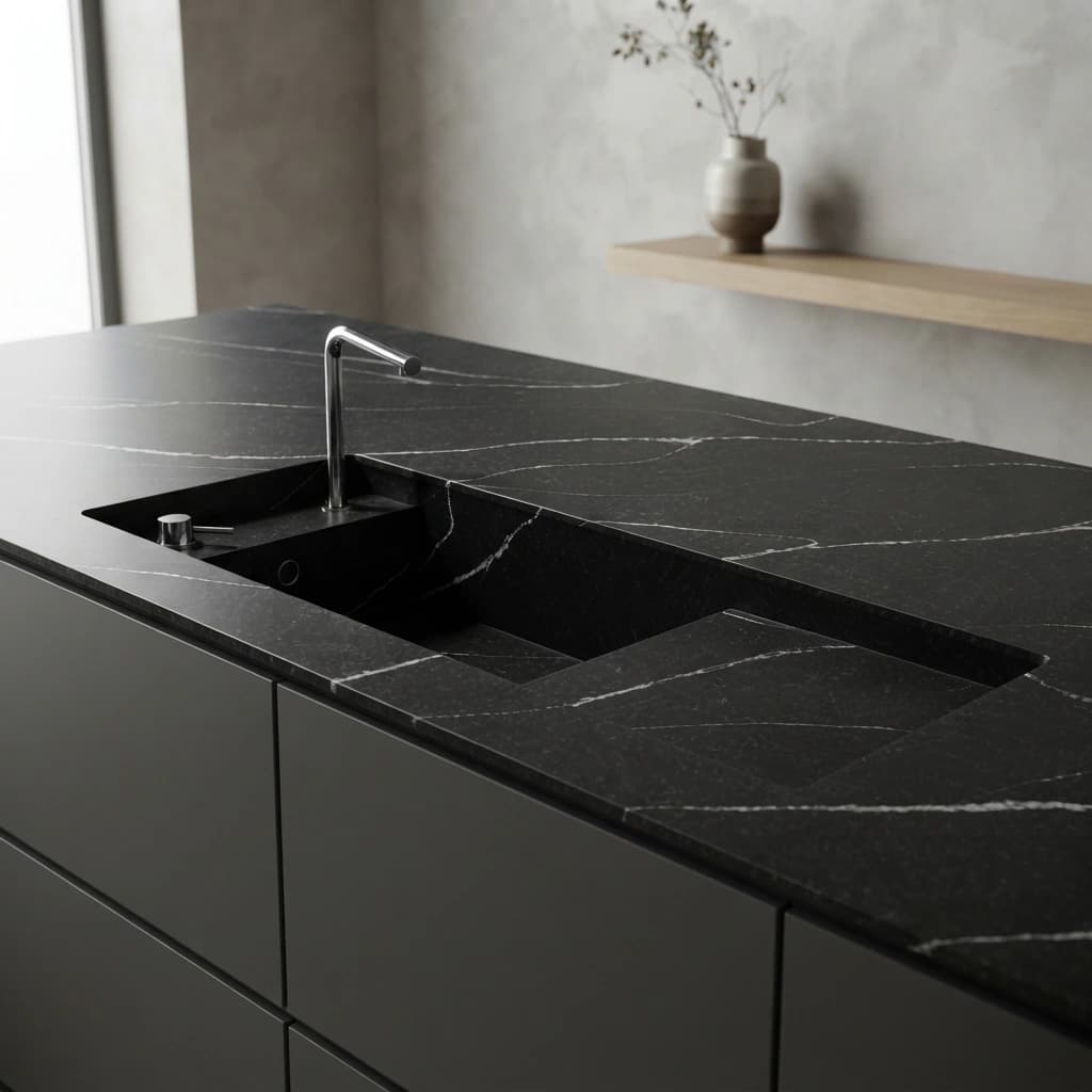 Black Silestone Et Marquina worktop with integrated sink and metal tap