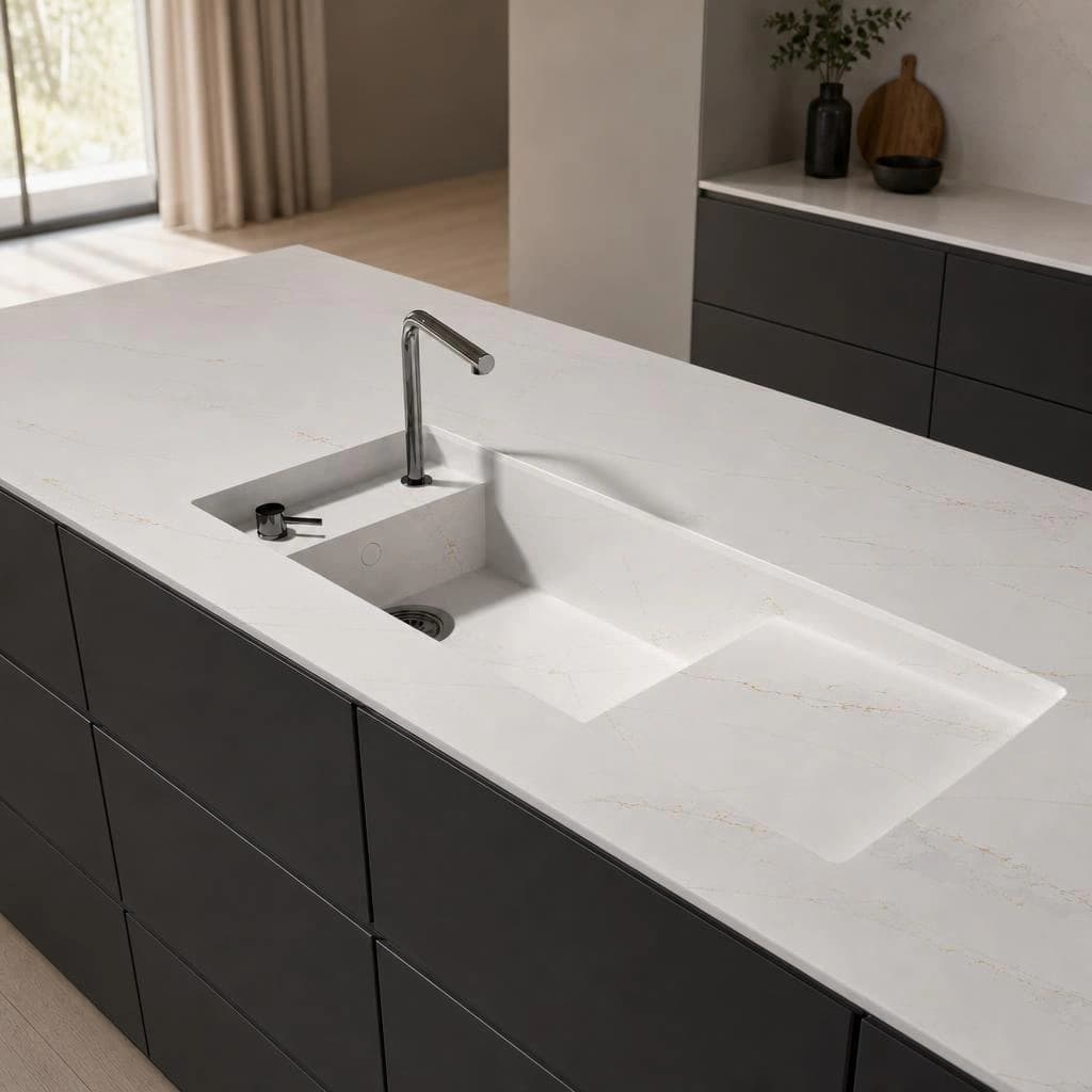 White Silestone Ethereal Glow countertop with integrated sink and tap on a kitchen island