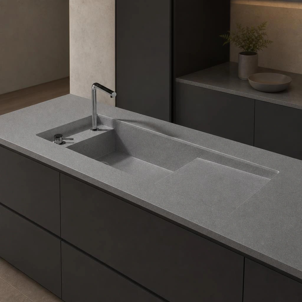 Grey Silestone Ffrom02 countertop with integrated sink and tap on a kitchen island