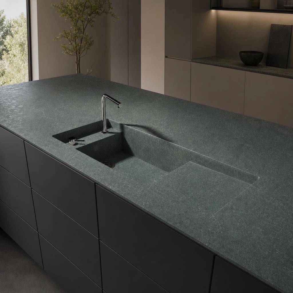Silestone Jardin Emerald countertop with integrated sink and faucet on a kitchen island