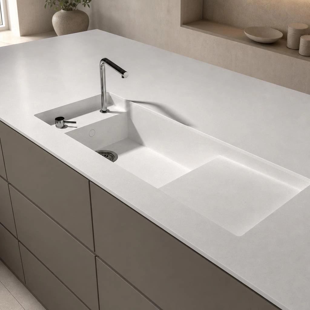White Silestone Miami Vena countertop with integrated sink, chrome tap and kitchen unit