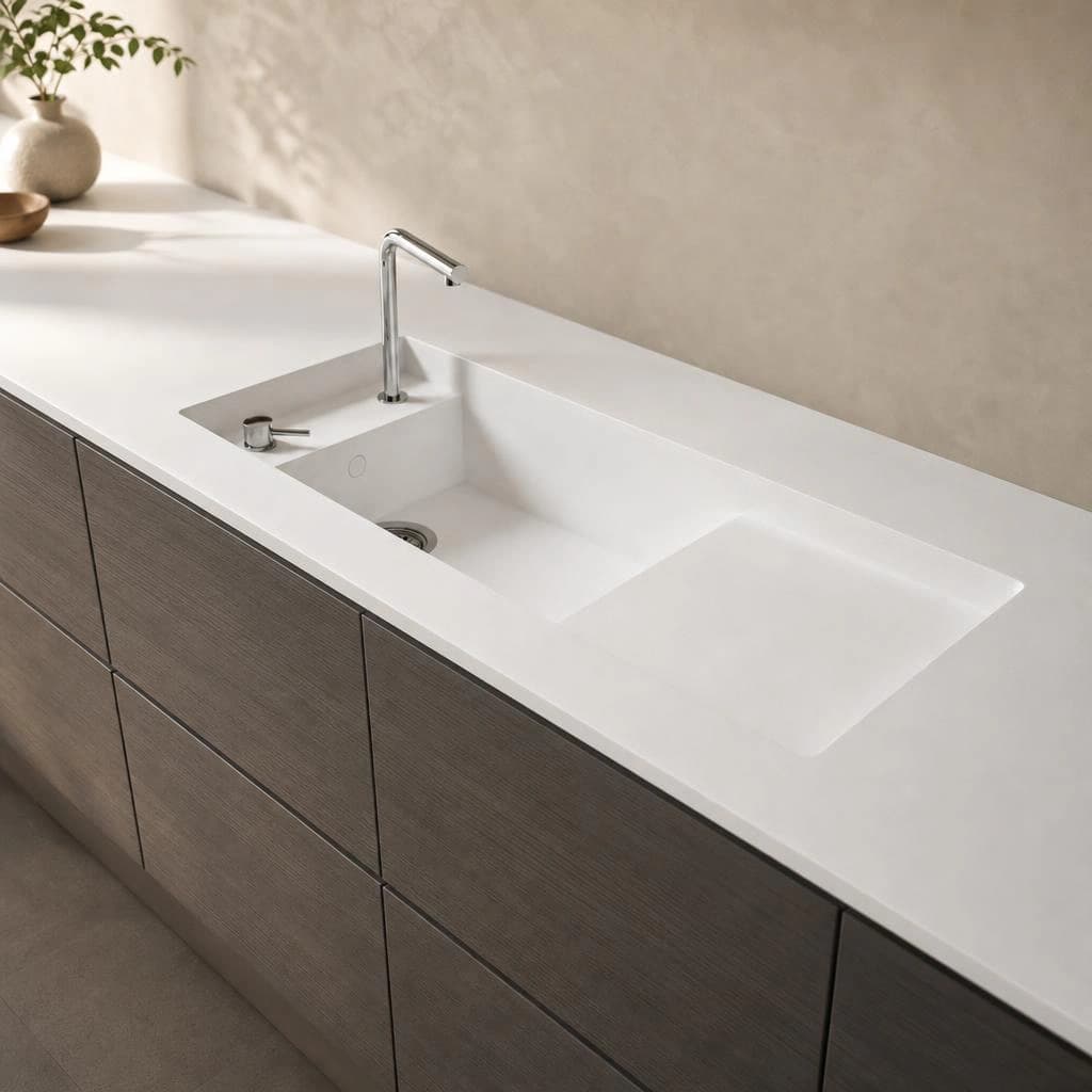White Silestone Miami White countertop with integrated sink, chrome faucet and dark-colored base cabinet