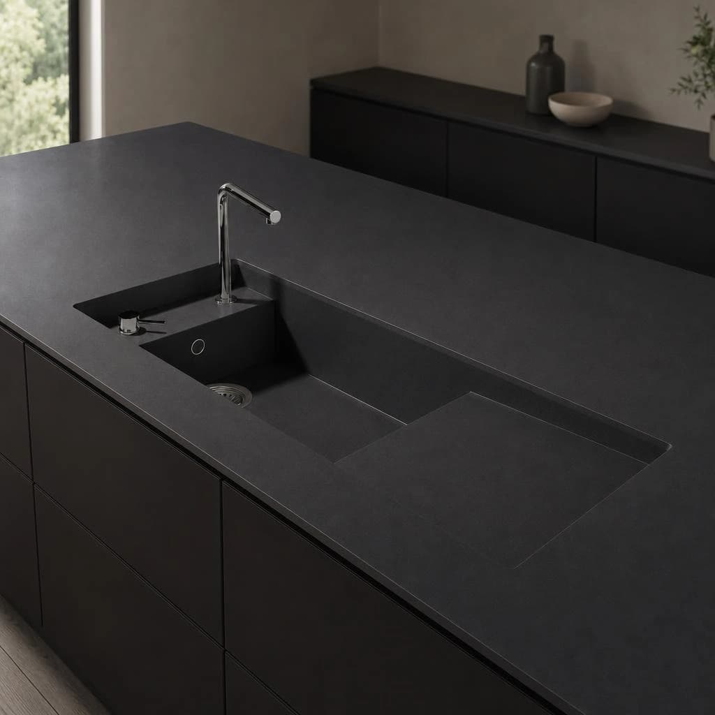 Black Silestone Night Tebas18 countertop with integrated sink and tap