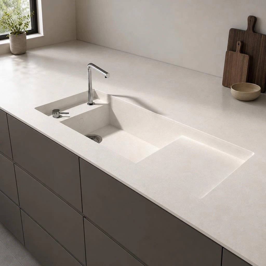 White Silestone Nolita countertop with integrated sink, chrome faucet and dark base cabinets