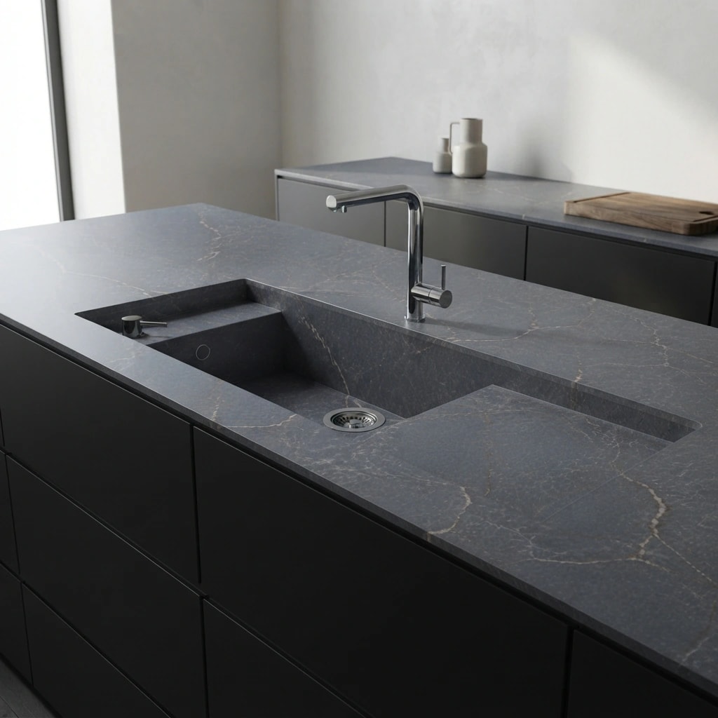 Silestone Parisien Bleu countertop with integrated sink, faucet and veined surface in a kitchen