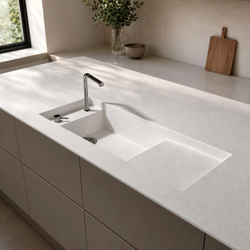 Encimera blanca Silestone Pearl Jasmine con fregadero integrado y grifo cromado en una cocina