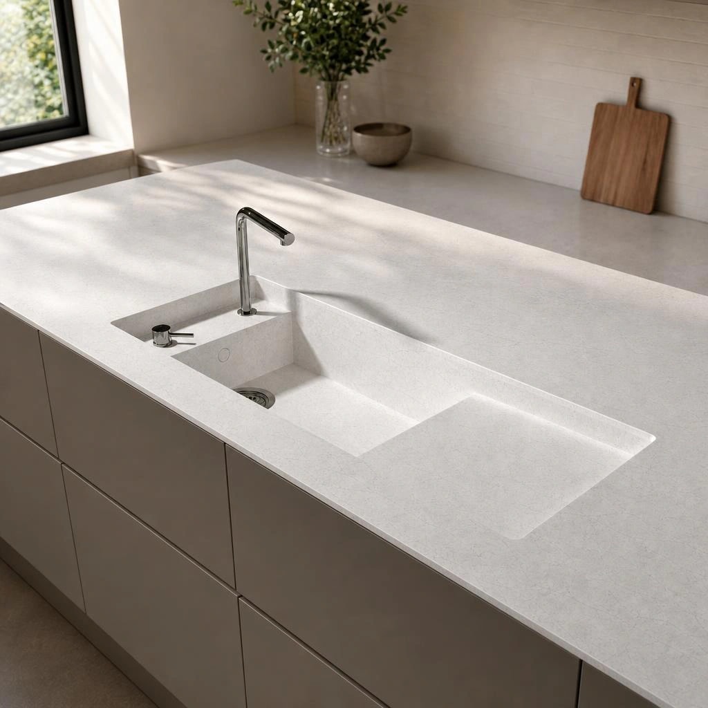 White Silestone Pearl Jasmine countertop with integrated sink and chrome faucet in a kitchen