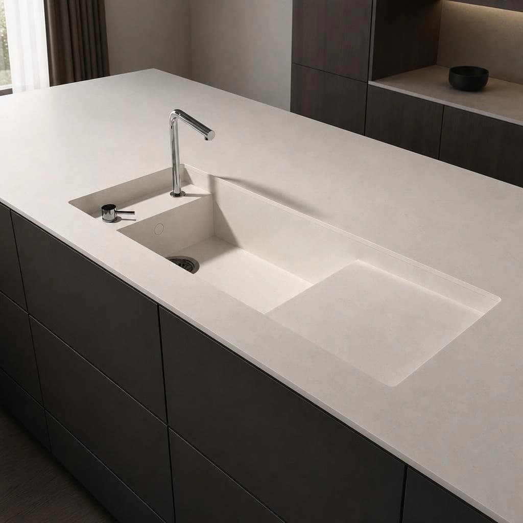 Weiße Silestone Persian White Arbeitsplatte mit integriertem Spülbecken und Chromarmatur