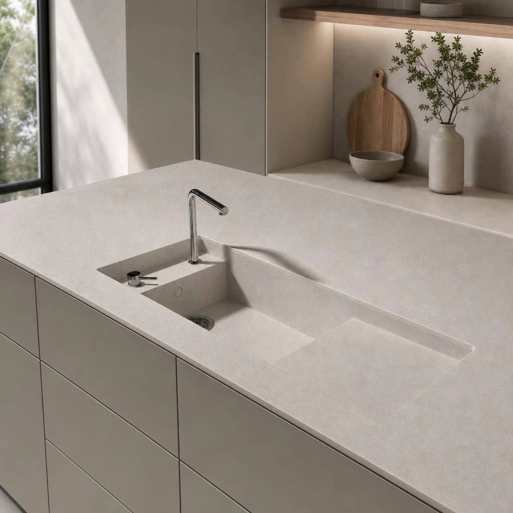 Silestone Poblenou Arbeitsplatte mit integriertem Spülbecken und Wasserhahn in einer Küche