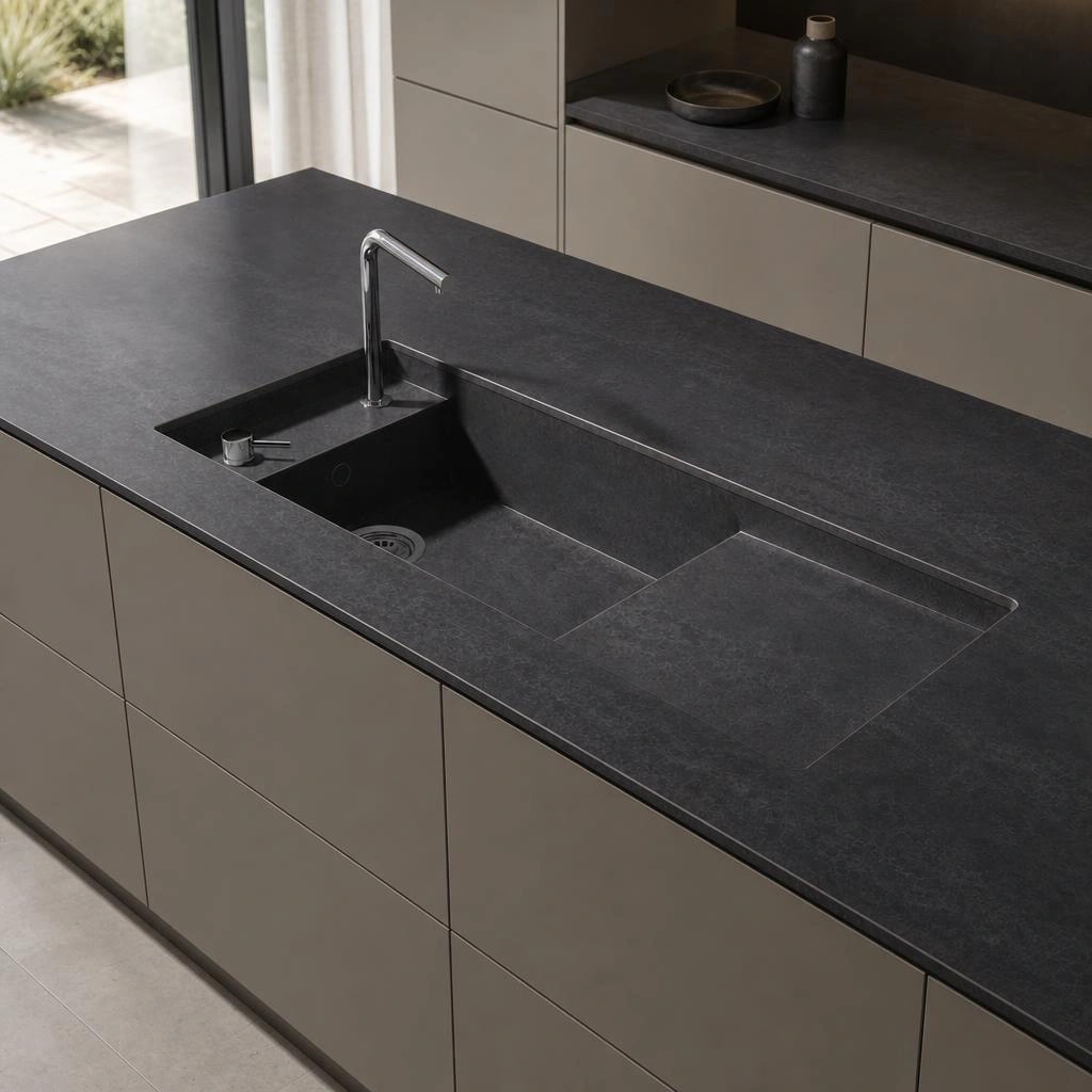 Silestone Raw D worktop on a kitchen island with an integrated sink and tap
