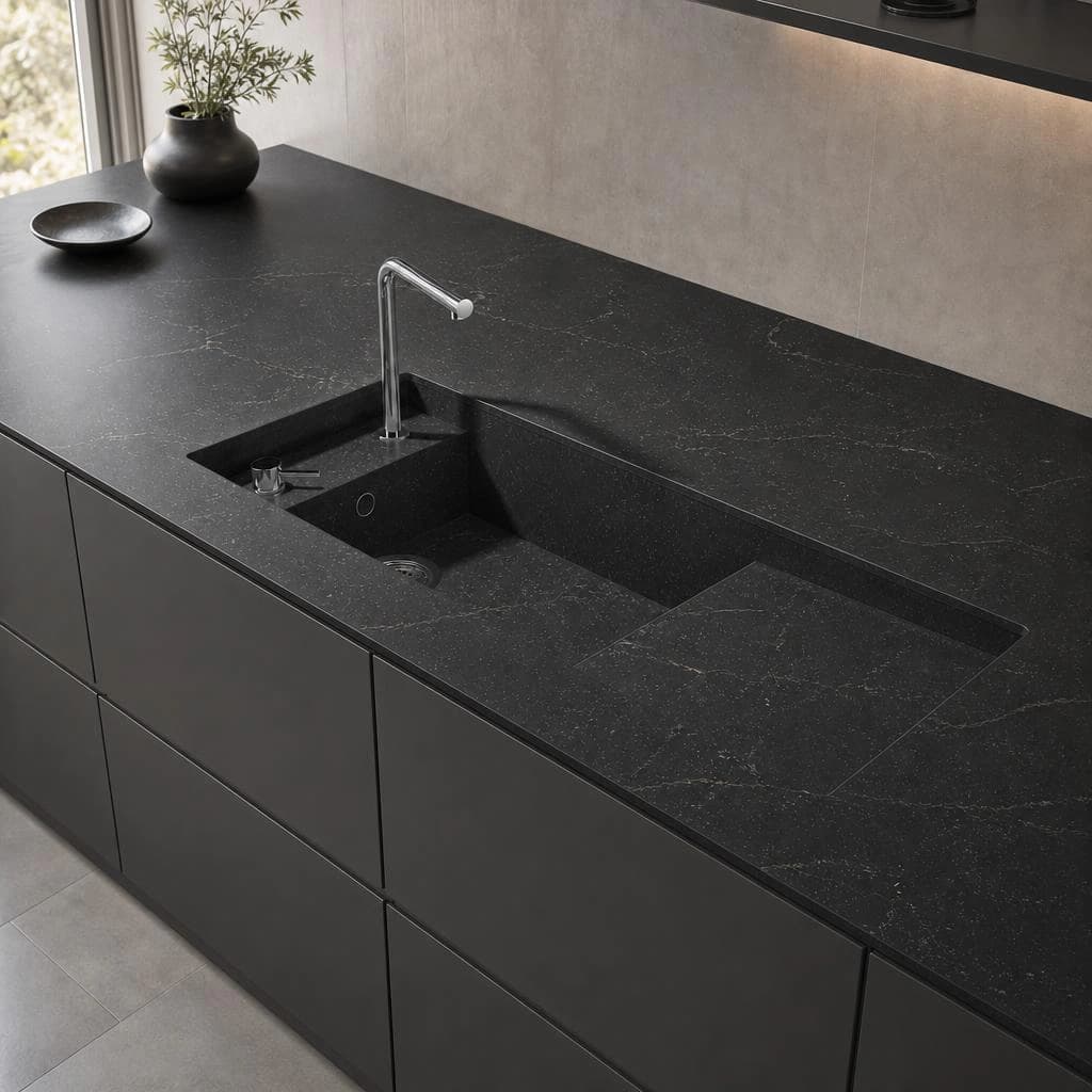 Silestone Romantic Ash kitchen worktop in a dark colour, with an integrated sink and chrome tap