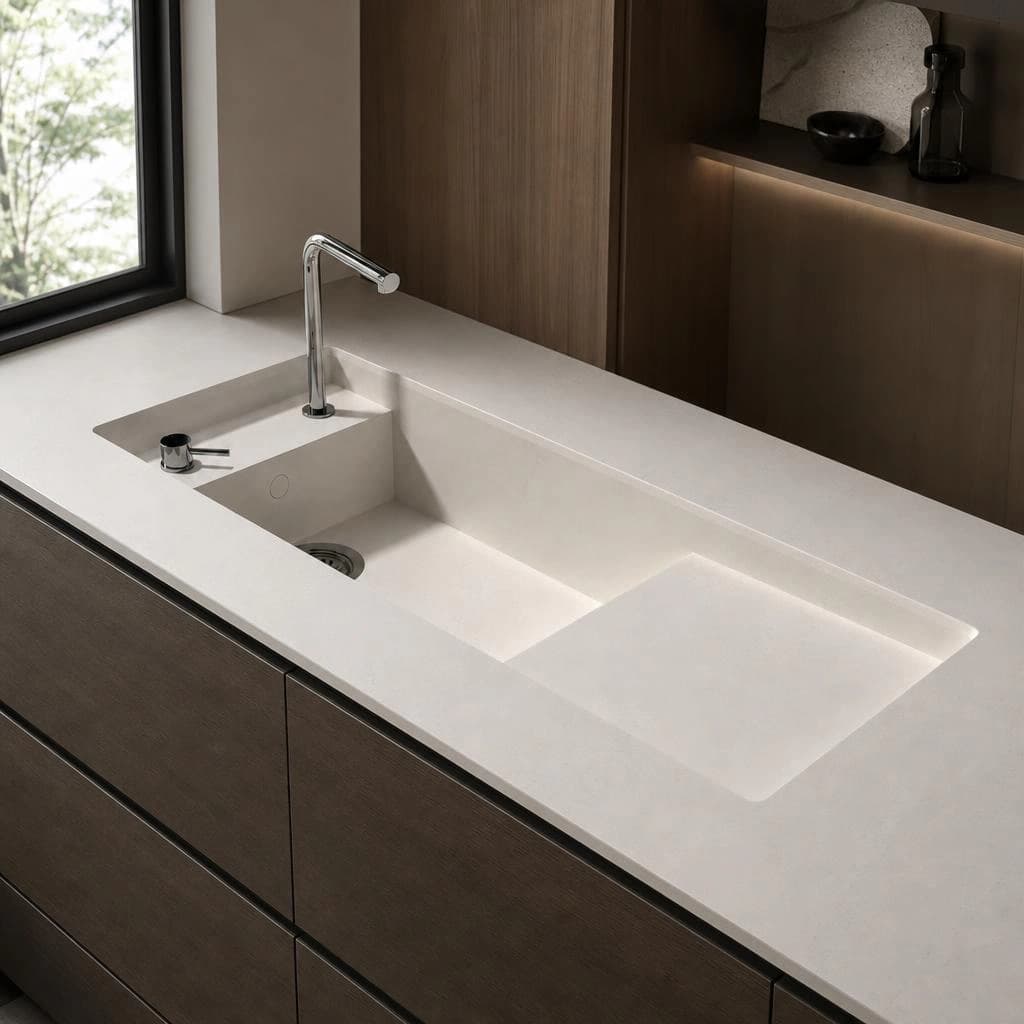 Weiße Silestone Siberian Arbeitsplatte mit integriertem Spülbecken und Chromarmatur