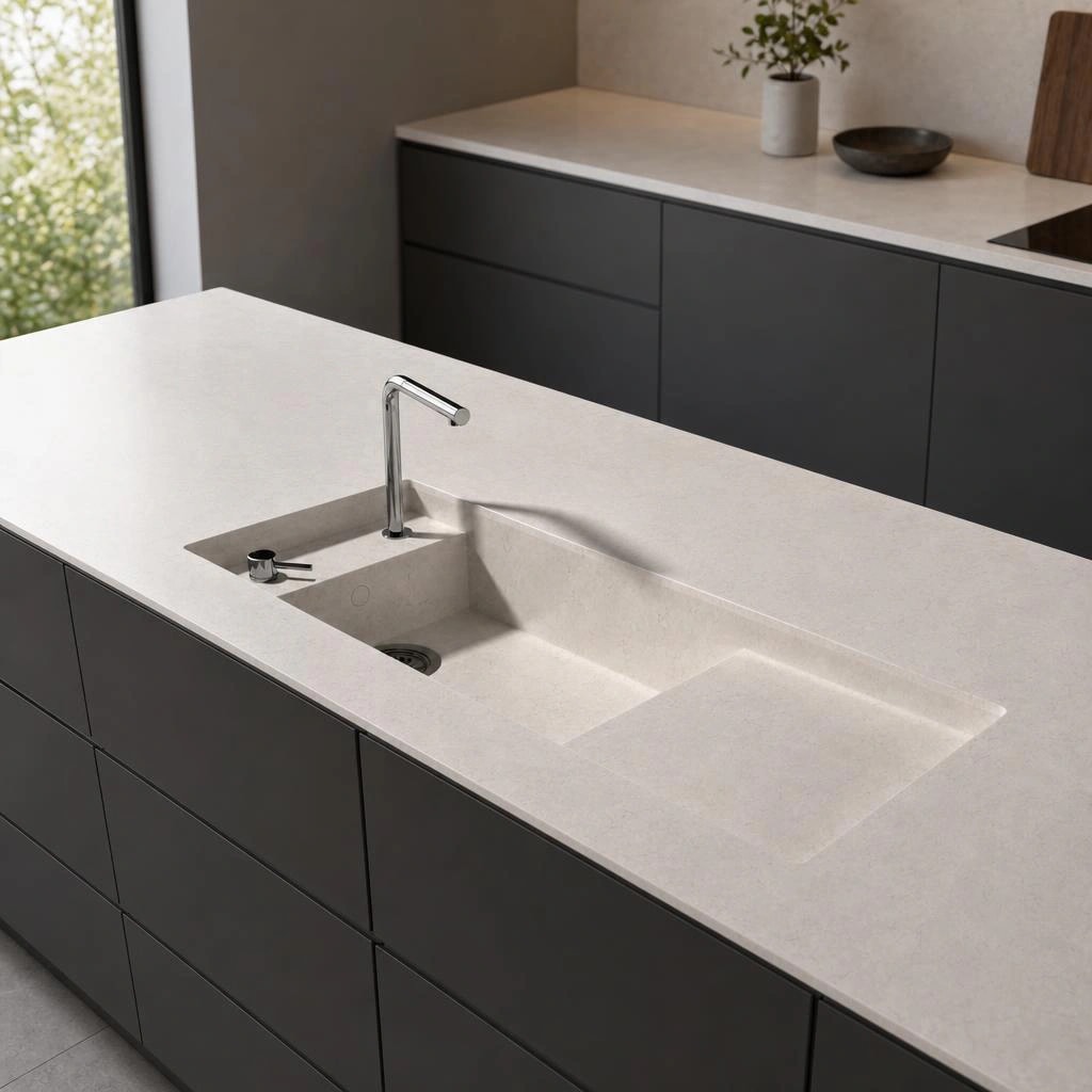 White Silestone Snowy Ibiza countertop with integrated sink and tap on a kitchen island