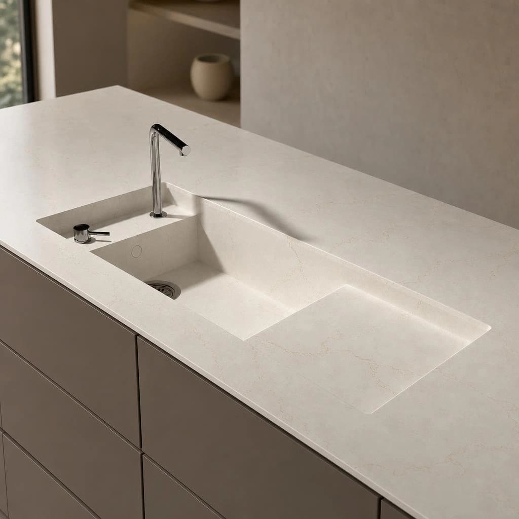 Silestone Victorian Silver countertop with integrated sink and chrome faucet