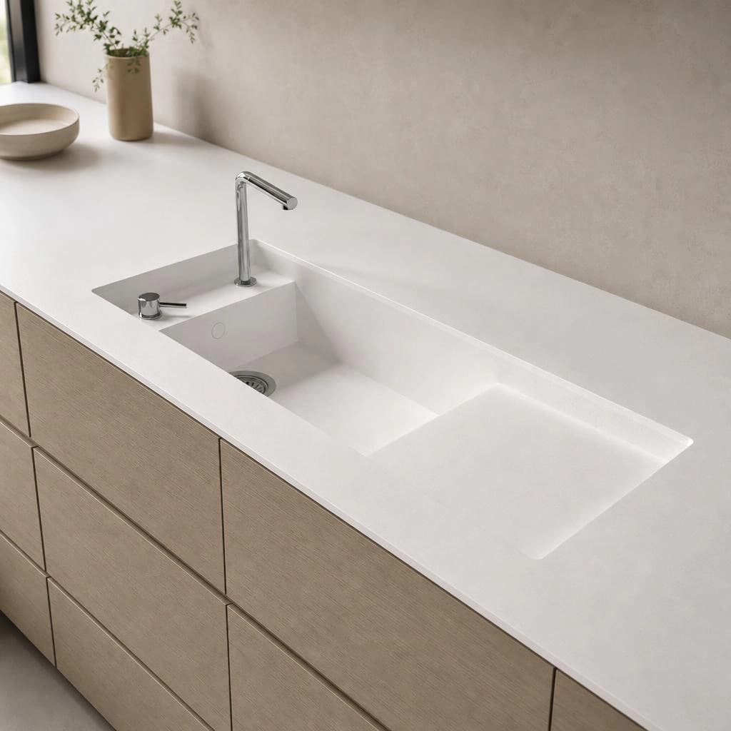 White Silestone White Storm14 countertop with integrated sink and chrome faucet