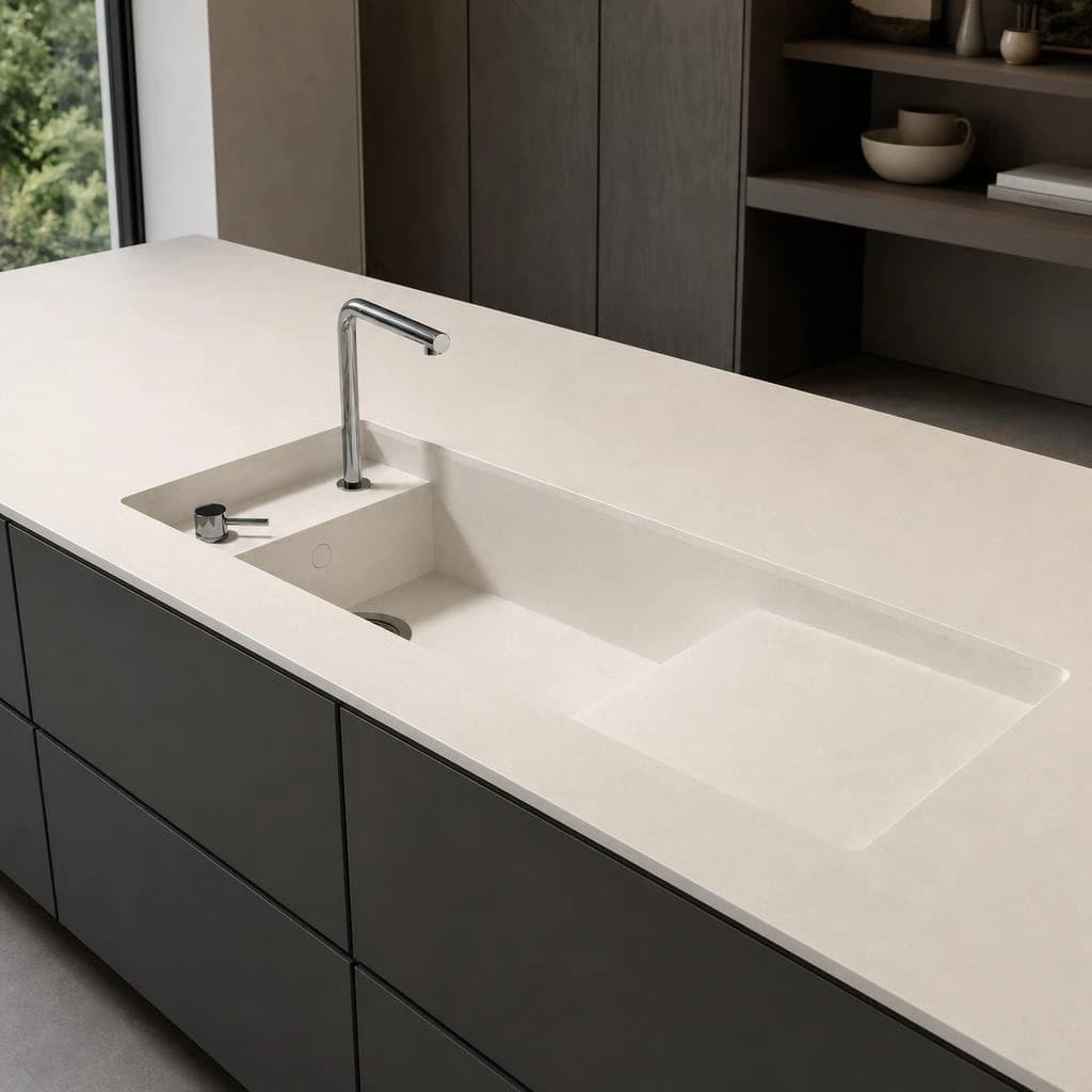 White Silestone White Zeus countertop with integrated sink and chrome faucet