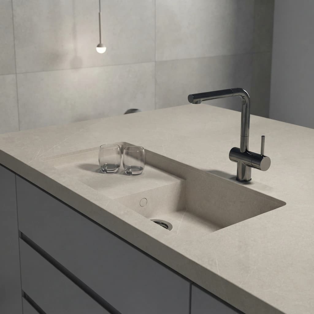 Dekton Portitxol countertop in Adia with integrated sink and chrome faucet