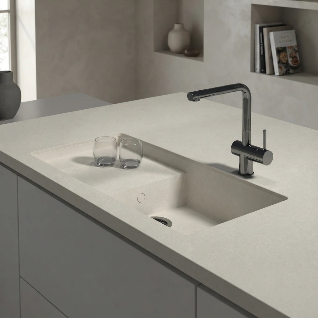 Dekton Portitxol worktop in Aeris with an integrated sink and chrome tap