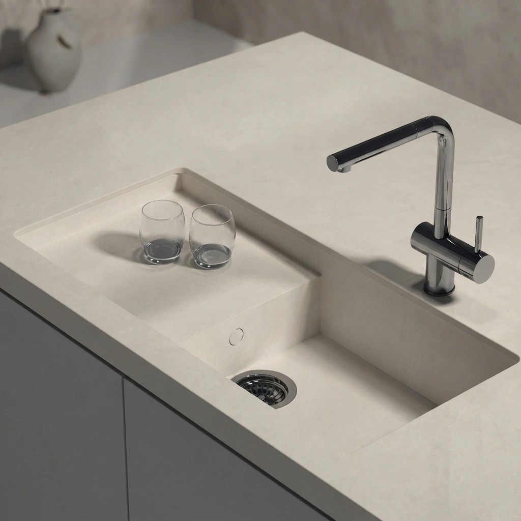 Dekton Portitxol worktop in Argentium with an integrated sink, chrome tap and two glasses