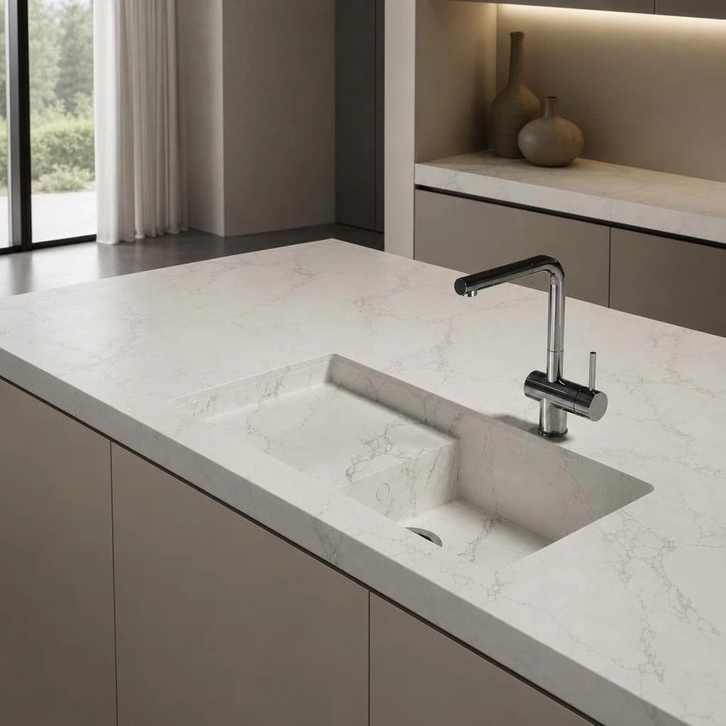 Dekton Portitxol Arbeitsplatte in Aura mit integriertem Spülbecken und verchromter Armatur
