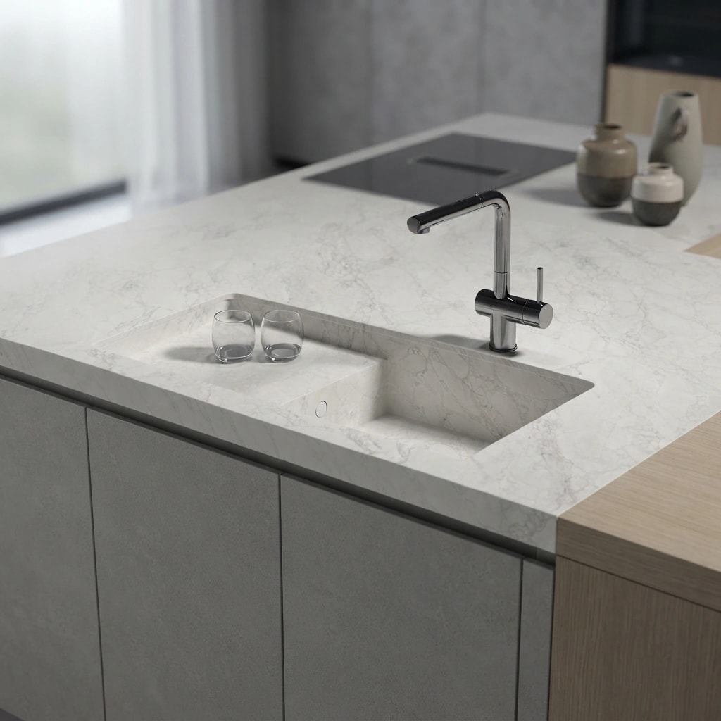 Dekton Bergen countertop with integrated sink and faucet in a kitchen