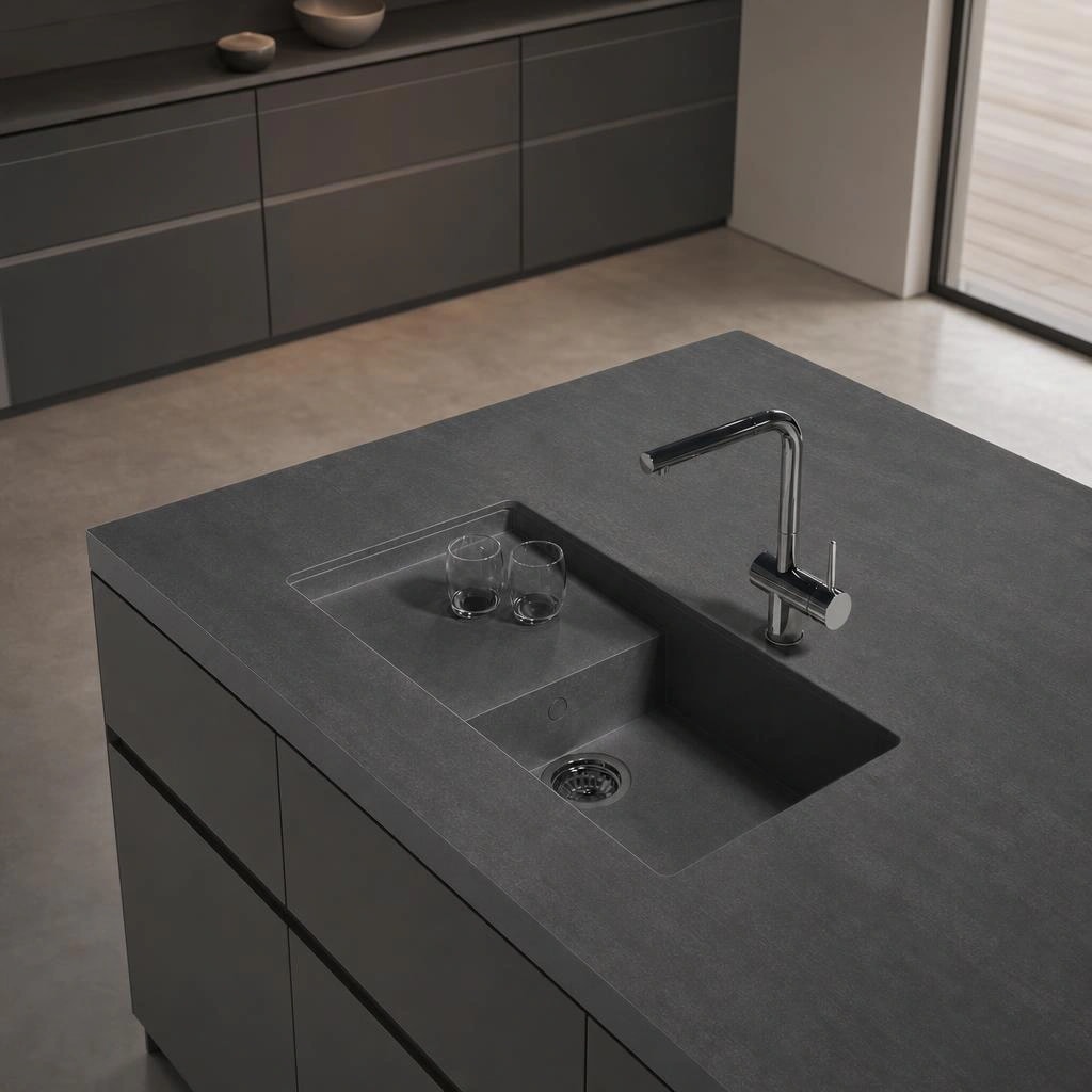 Dekton Portitxol kitchen worktop in Bromo with integrated sink and tap