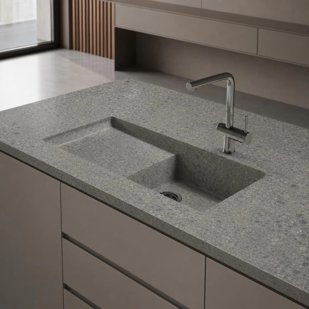 Dekton Portitxol countertop in Ceppo with integrated sink and chrome faucet