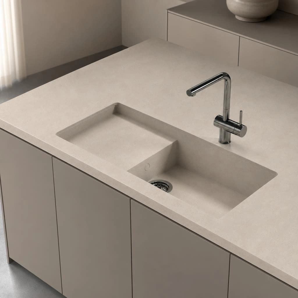 Dekton Danae countertop with an integrated double-bowl sink and chrome faucet