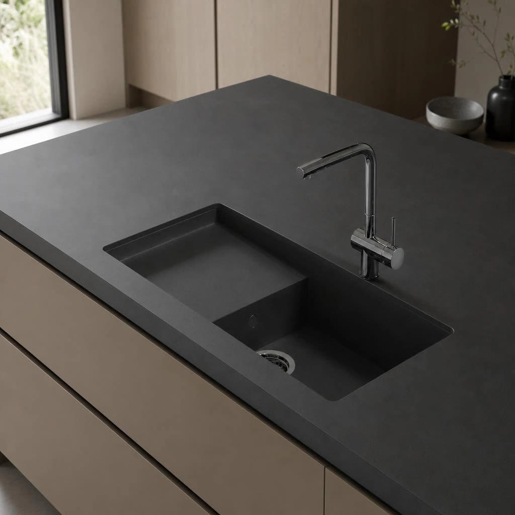 Dekton Domoos worktop with integrated sink and black tap