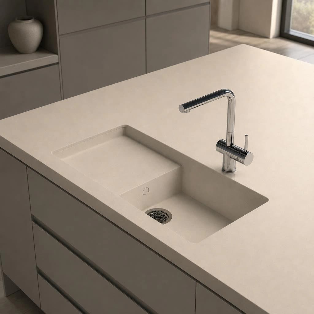 Dekton Dunna Arbeitsplatte mit integriertem Spülbecken und verchromter Armatur in einer Küche
