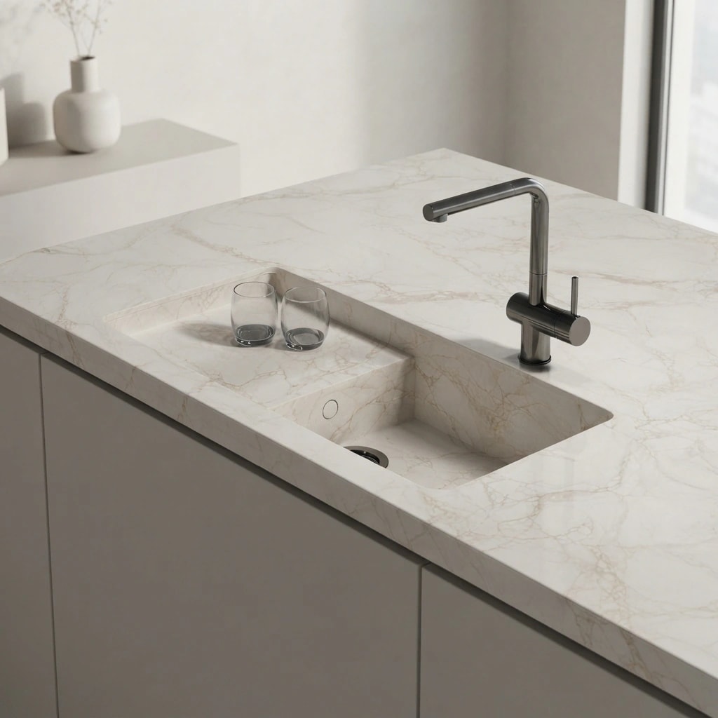 Dekton Entzo countertop with integrated sink and kitchen faucet