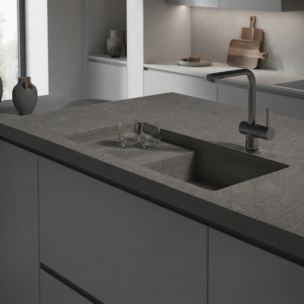 Dekton Grafite countertop with integrated sink and black faucet in a kitchen