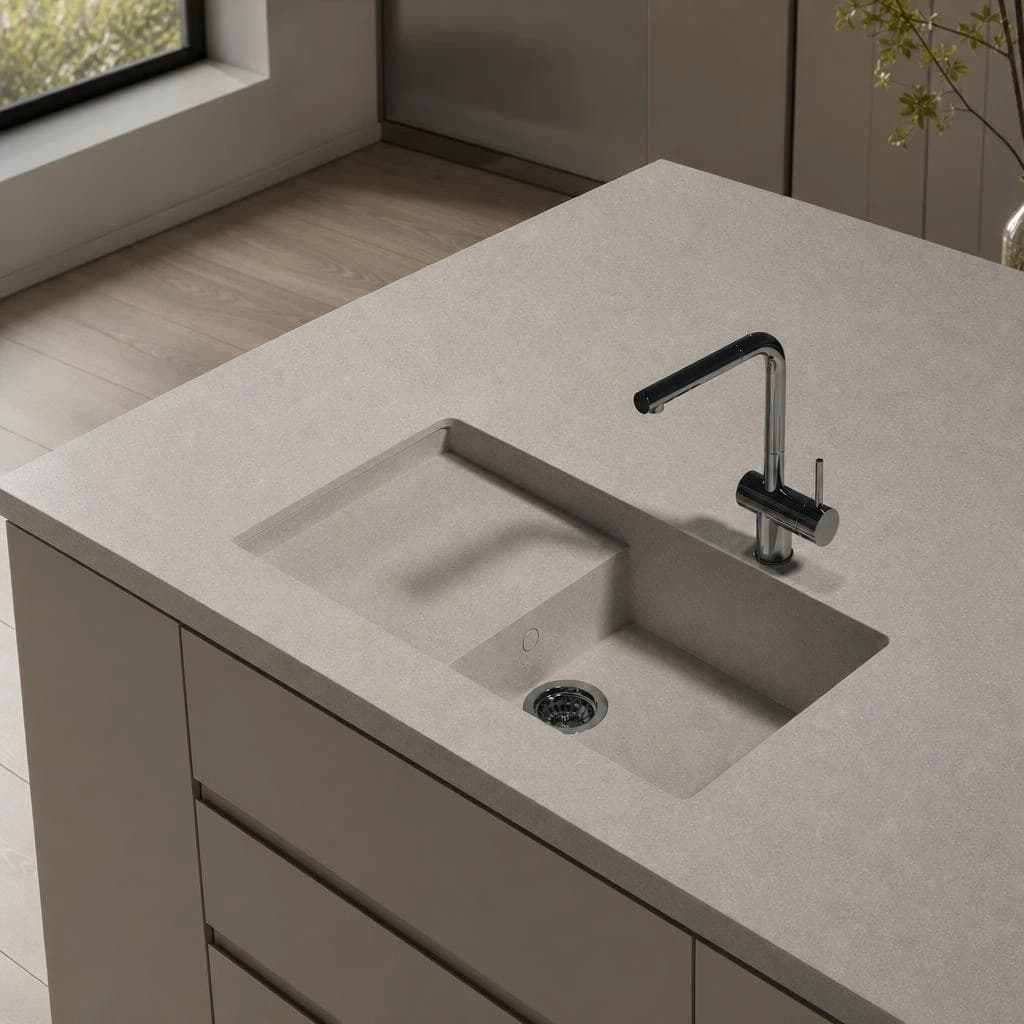 Dekton Portitxol worktop in Grigio with integrated sink and black tap