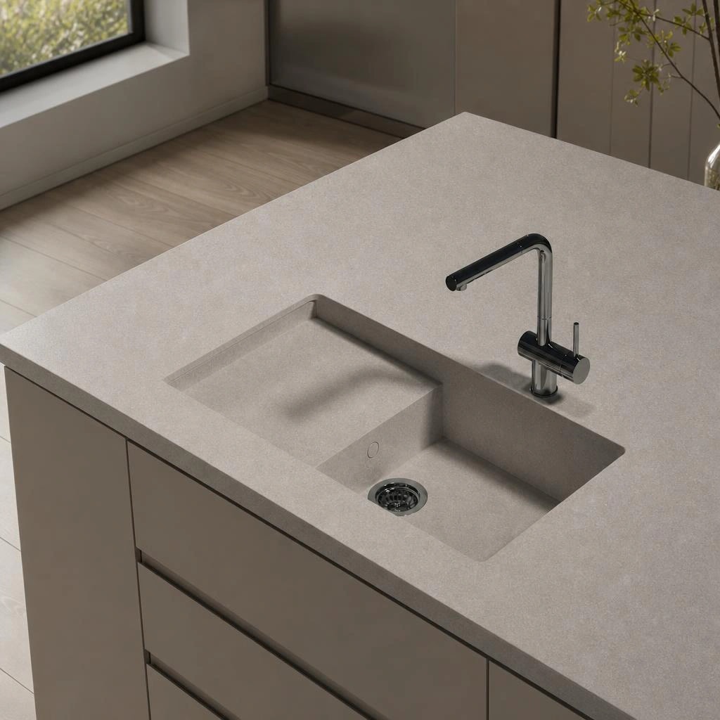 Dekton Portitxol worktop in Grigio with integrated sink and black tap