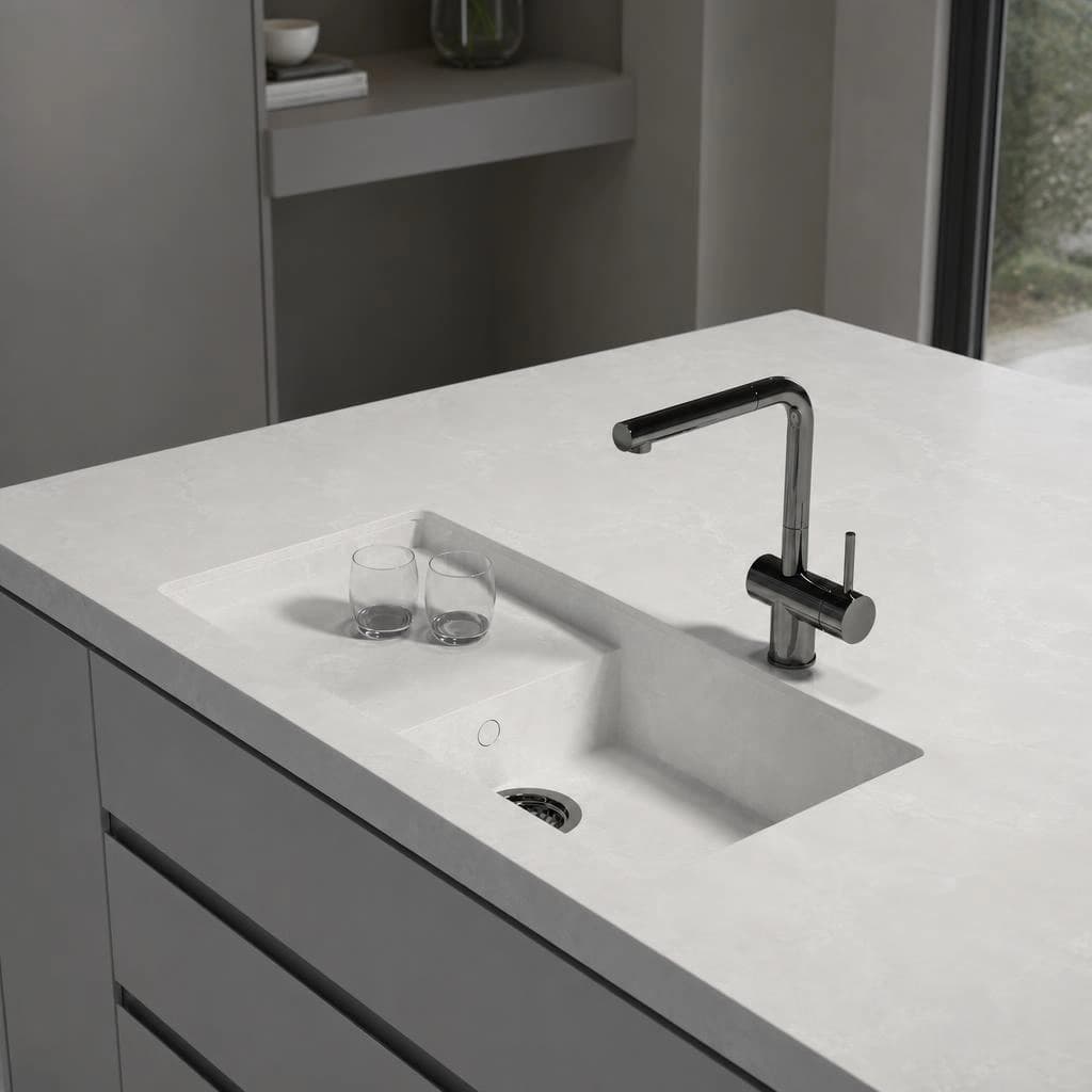 White Dekton Helena countertop with integrated sink and chrome tap