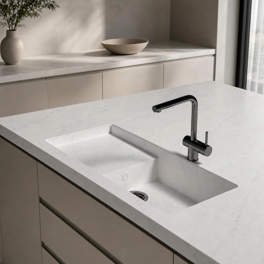 White Dekton Kairos worktop with integrated sink and black tap