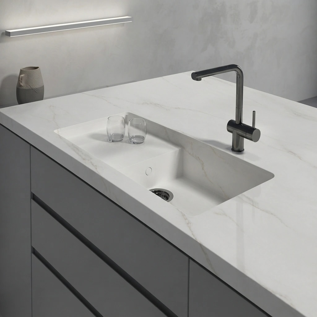 Dekton Keena worktop with integrated sink and black tap