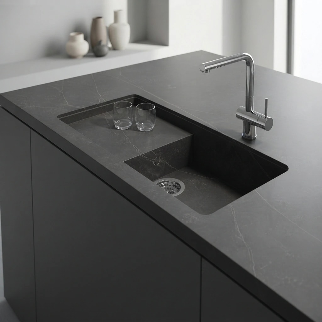 Dekton Kelya worktop with integrated sink, chrome tap and two glasses