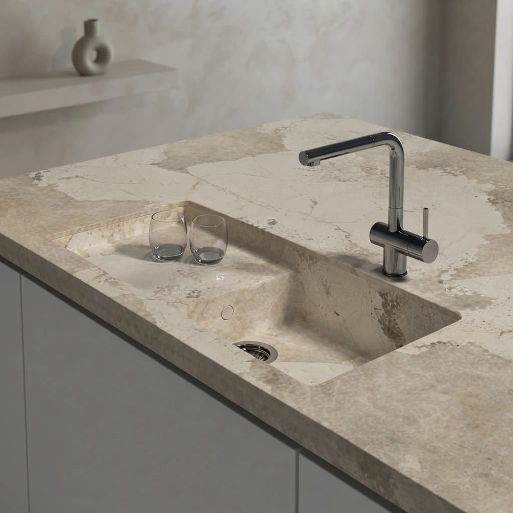 Arbeitsplatte aus Dekton Khalo mit integriertem Spülbecken und verchromter Armatur