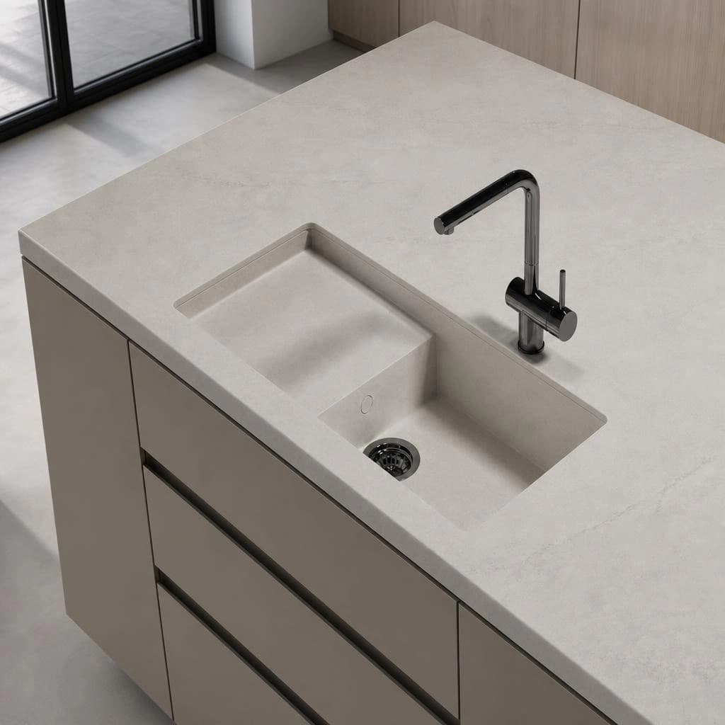 Dekton Kovik worktop with integrated sink and black tap on a kitchen island