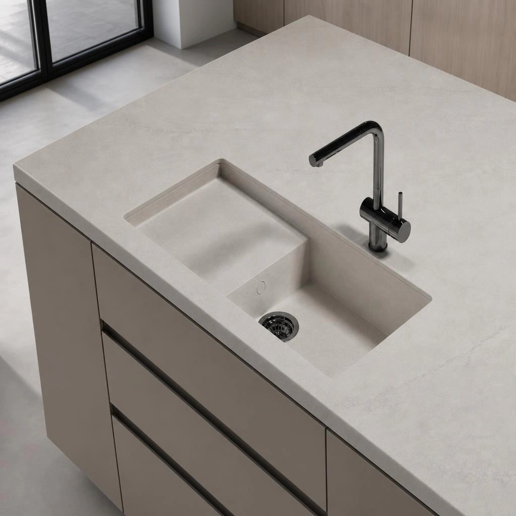 Piano di lavoro Dekton Kovik con lavello integrato e rubinetto nero su un’isola cucina