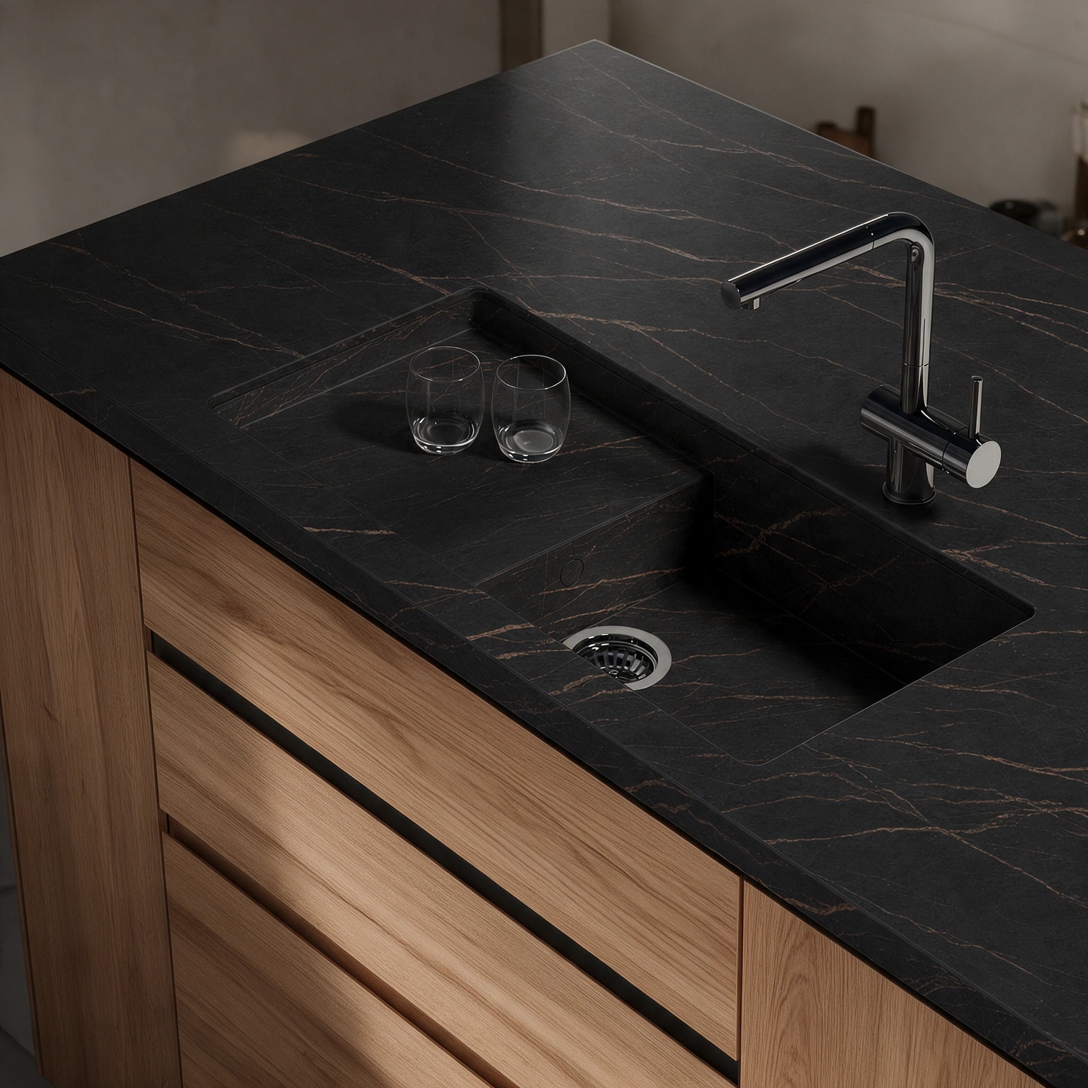 Portitxol sink integrated into a Dekton Laurent kitchen countertop.