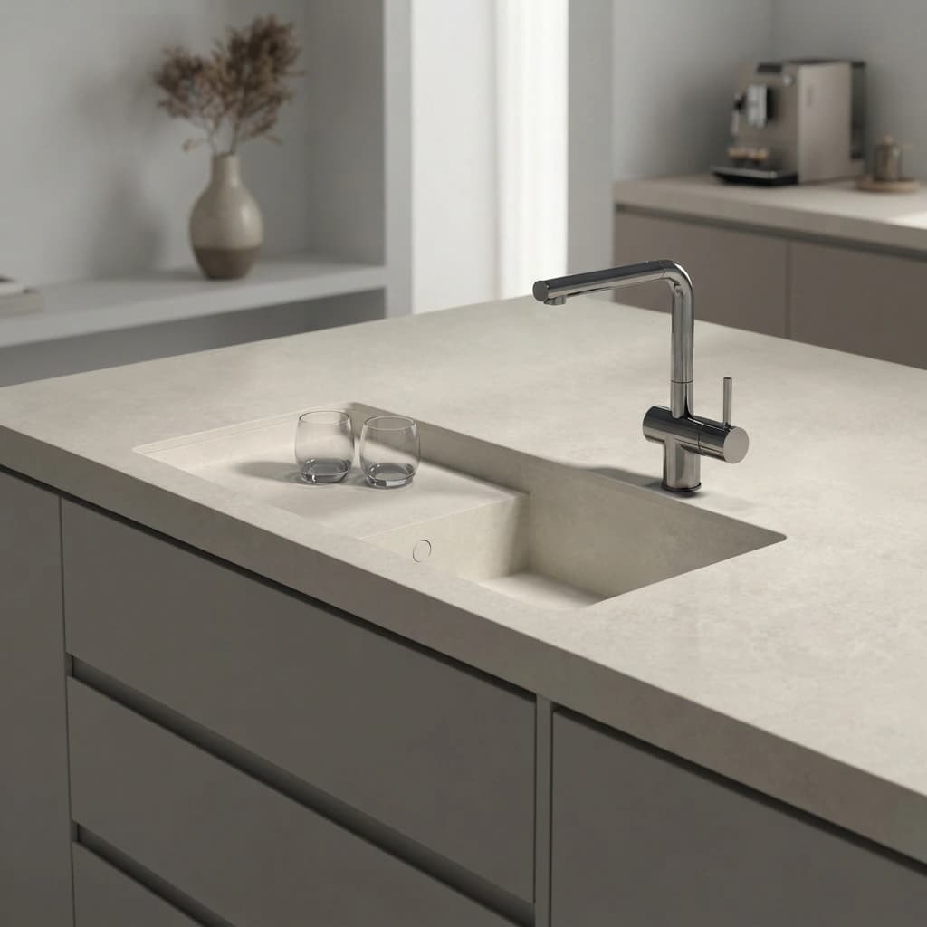 Dekton Portitxol countertop in Lunar color with an integrated sink and chrome faucet