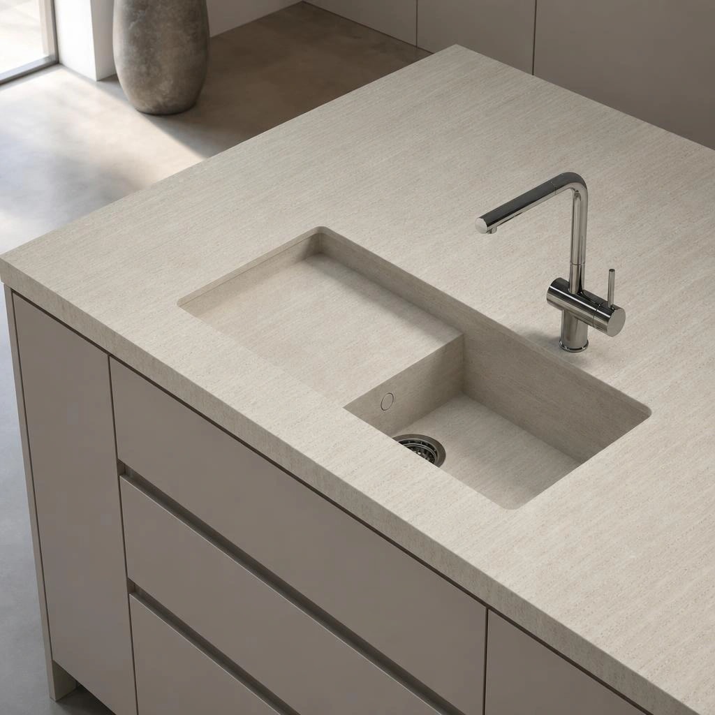 Bancada Dekton Portitxol em Marmorio com lava-loiça integrado e torneira cromada