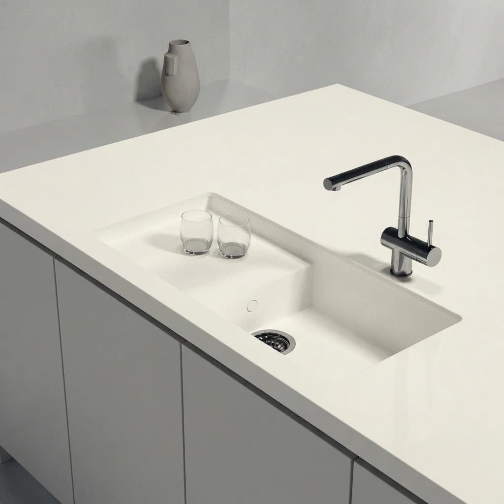 White Dekton Moone Portitxol worktop with integrated sink, chrome tap and two glasses