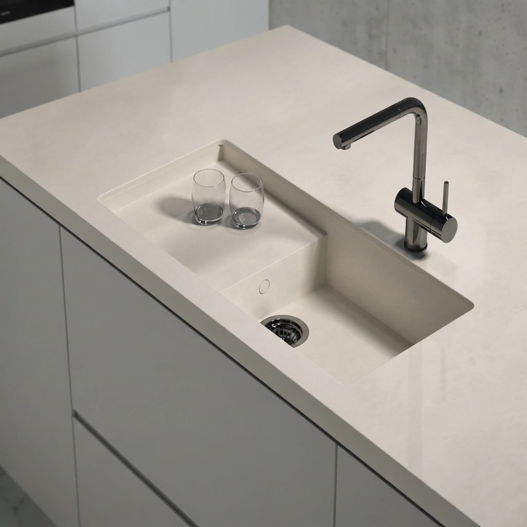 Plan de travail Dekton Portitxol coloris Nacre avec évier intégré et robinet
