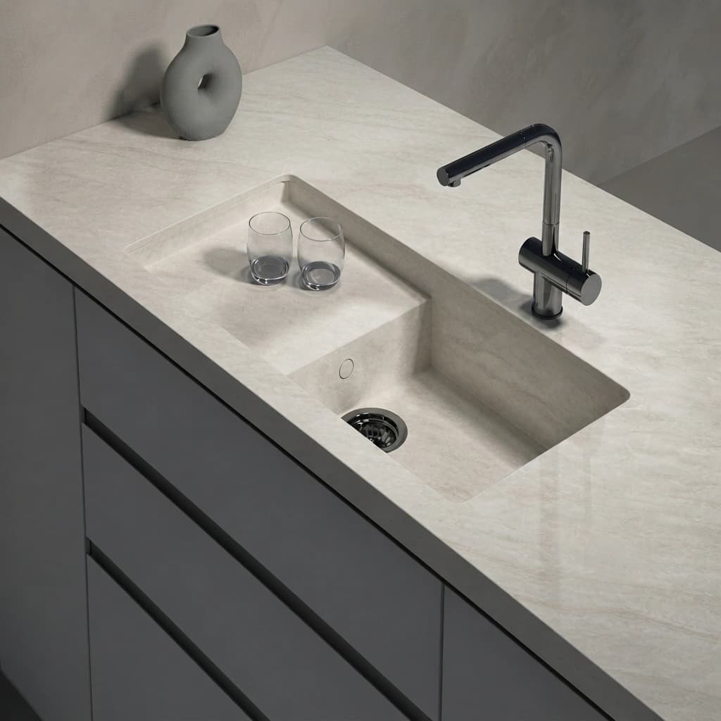 Dekton Nara countertop with integrated sink and black tap