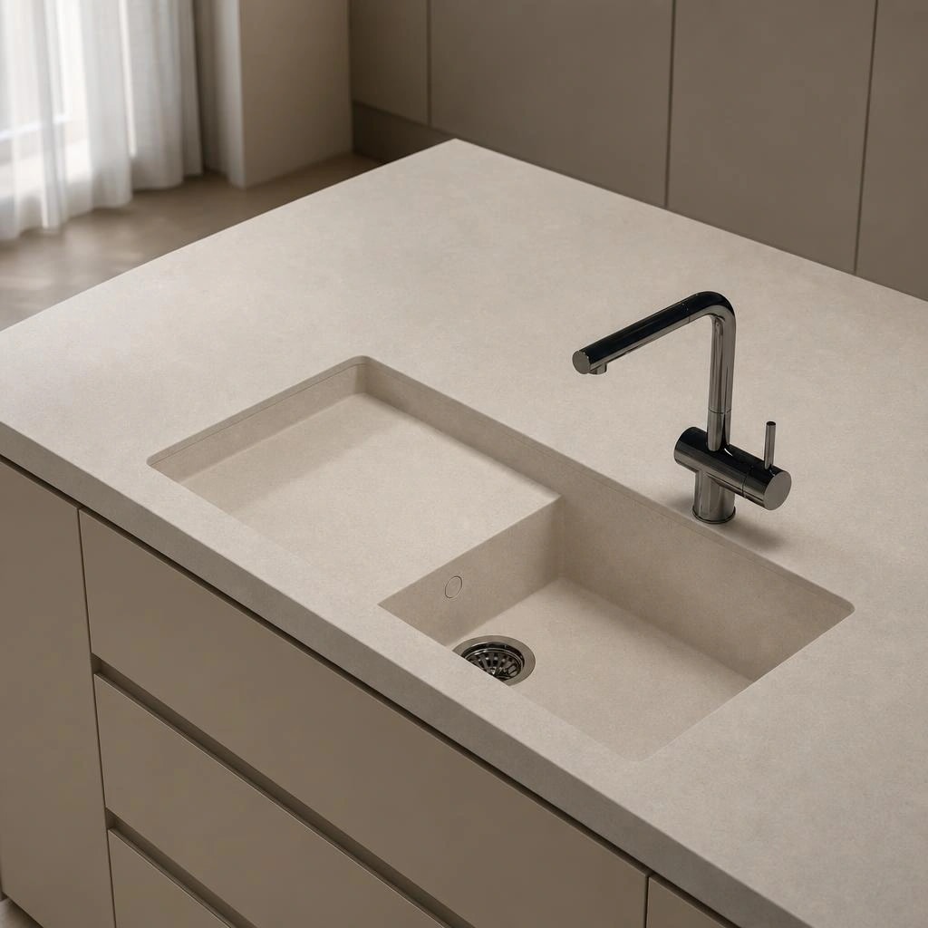 Dekton Portitxol countertop in Nebbia with an integrated sink and black tap
